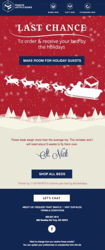 screenshot eines weihnachts-newsletters von francis lofts & bunks