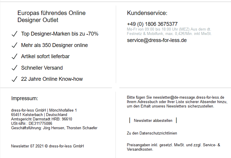 Beispiel eines E-Mail Footers von dress-for-less