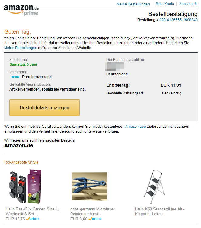 Beispiel für transaktionale E-Mails von Amazon