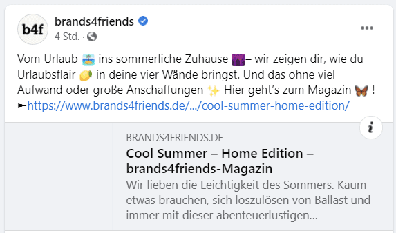 E-Commerce Marketing Guide: Strategien, Tipps und Best Practices. Beispiel von Brands4Friends für organisches Social Media Marketing.