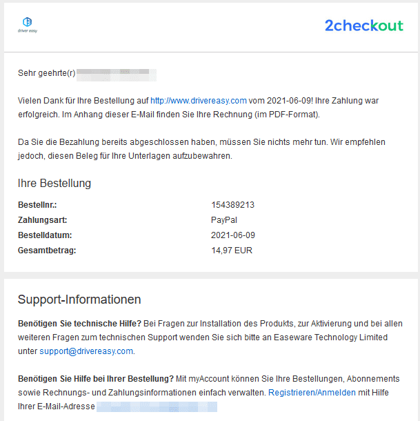 Beispiel für transaktionale E-Mails von driver easy