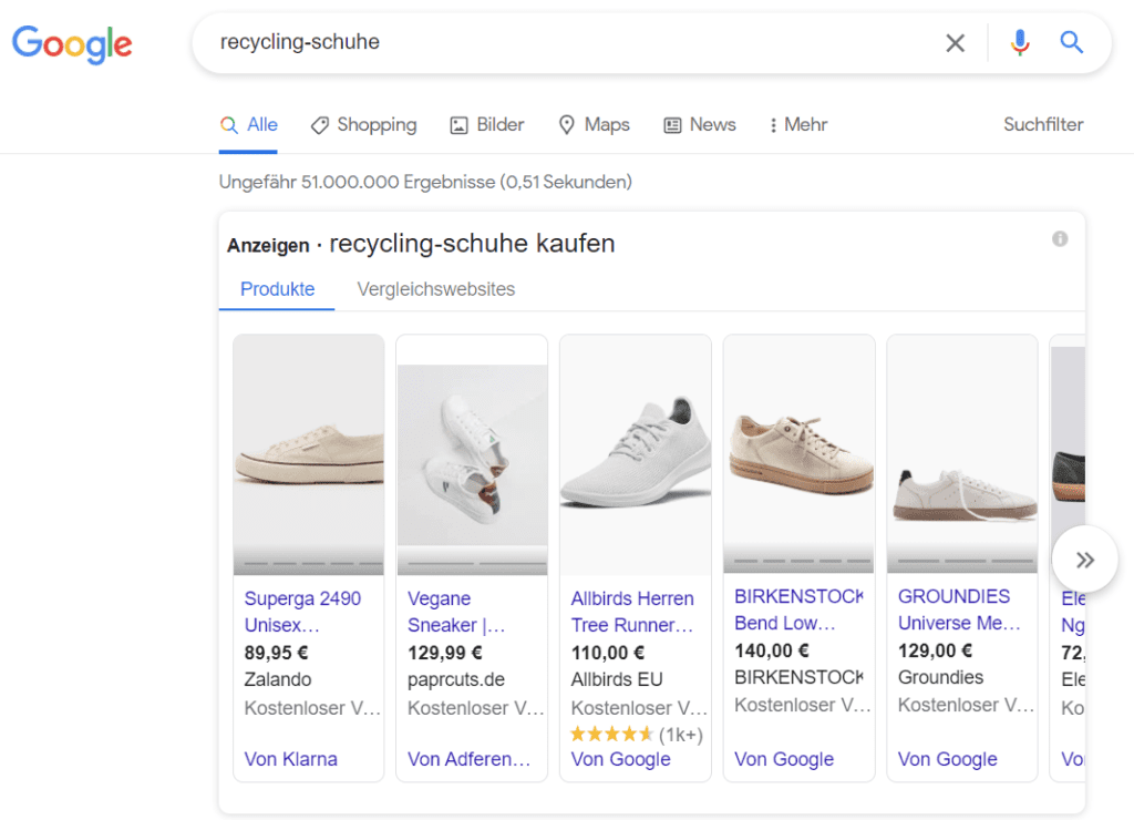 Ein Beispiel für Google-Shopping-Anzeigen
