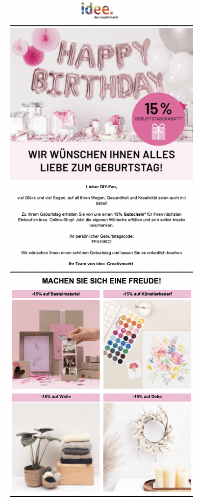 geburtstags mail von idee kreativmarkt mit produktvorschlägen