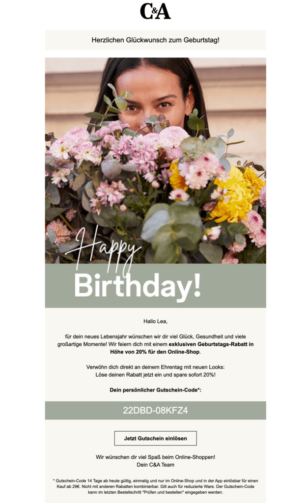 geburtstags mail c und a mit gutscheincode