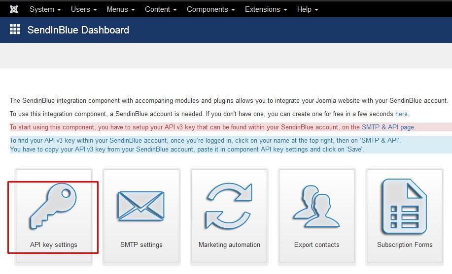 sendinblue dashboard im joomla admin bereich