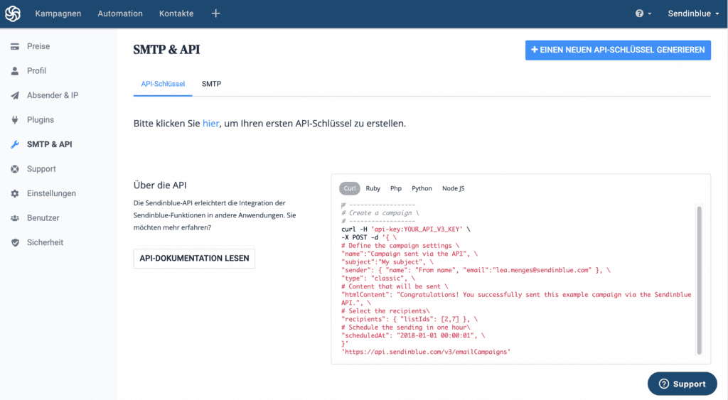 api schlüssel erstellen im sendinblue account