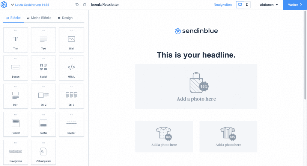 joomla newsletter einrichten mit dem drag and drog editor von sendinblue