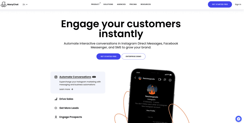 screenshot des chatbot-anbieters manychat