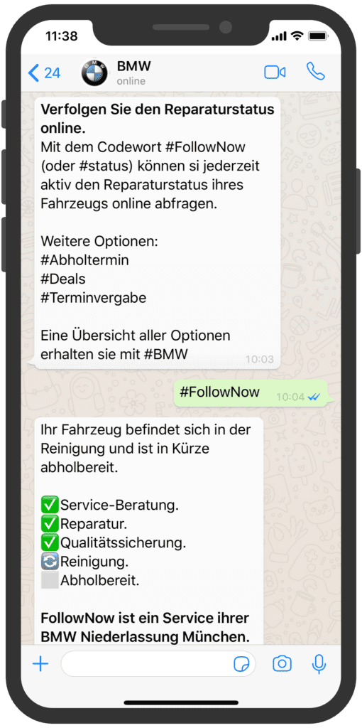 chatbot-beispiel von bmw - status-updates