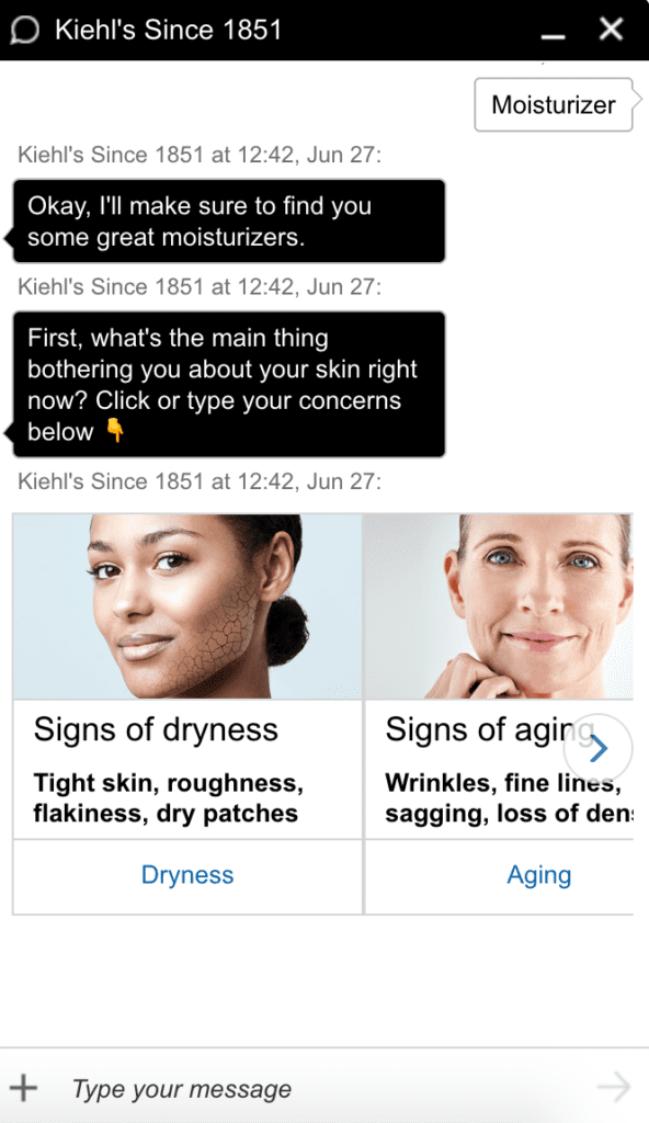 chatbot-beispiel von kiehl's - produktempfehlung