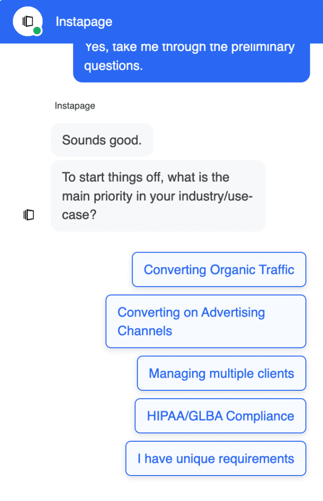 chatbot-beispiel von instapage - leads qualifizieren