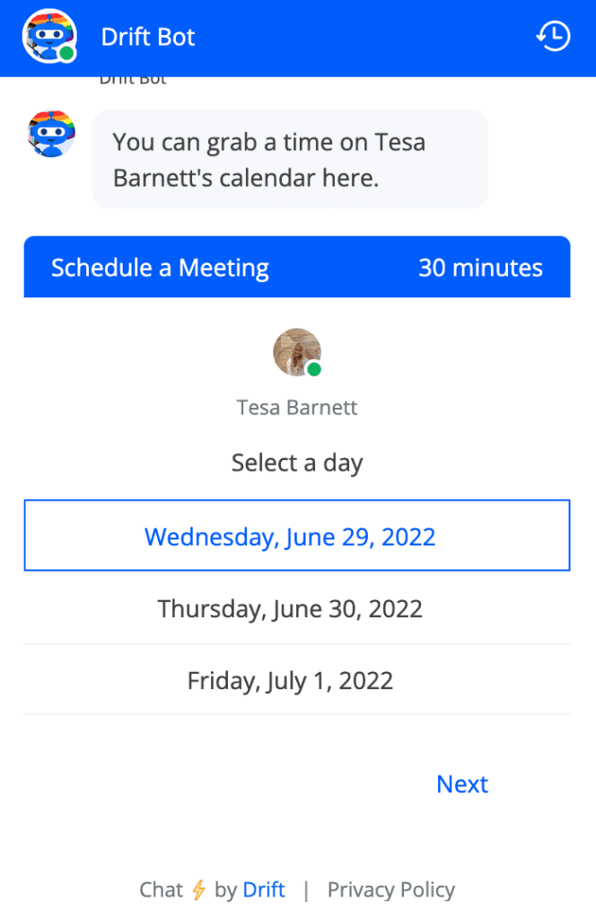 chatbot-beispiel von drift - termine vereinbaren