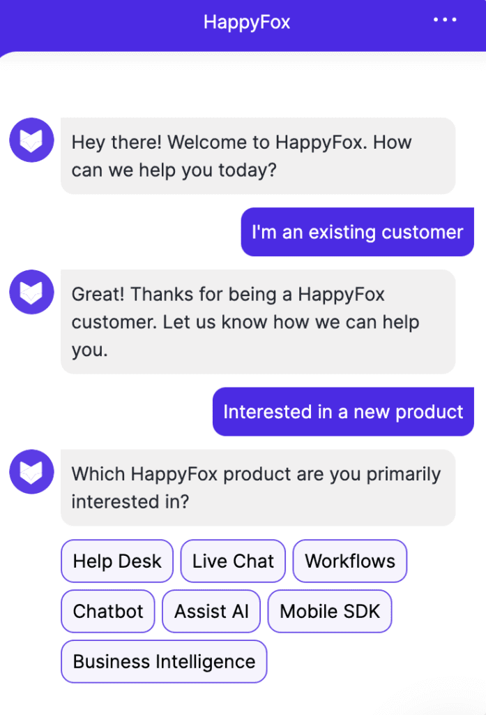 chatbot-beispiel von happyfox - cross- und upselling