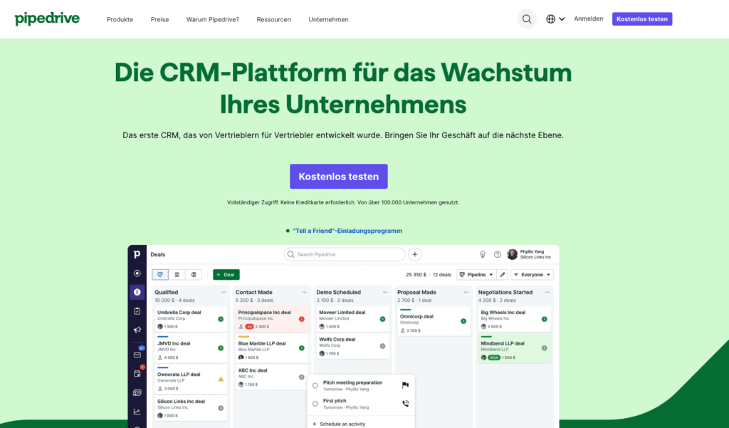 crm software für kleine unternehmen screenshot pipedrive