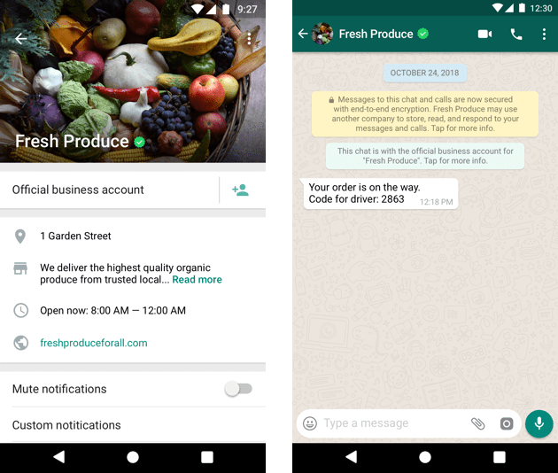screenshot grüner haken neben dem unternehmensnamen auf whatsapp