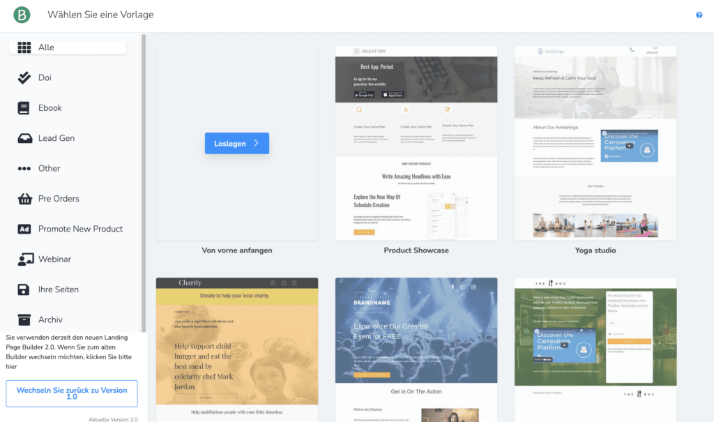 landingpage erstellen mit brevo: wähle eine vorlage