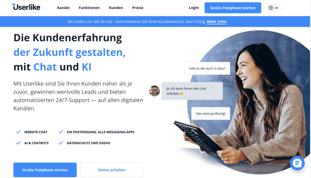 screenshot des chatbot-anbieters userlike