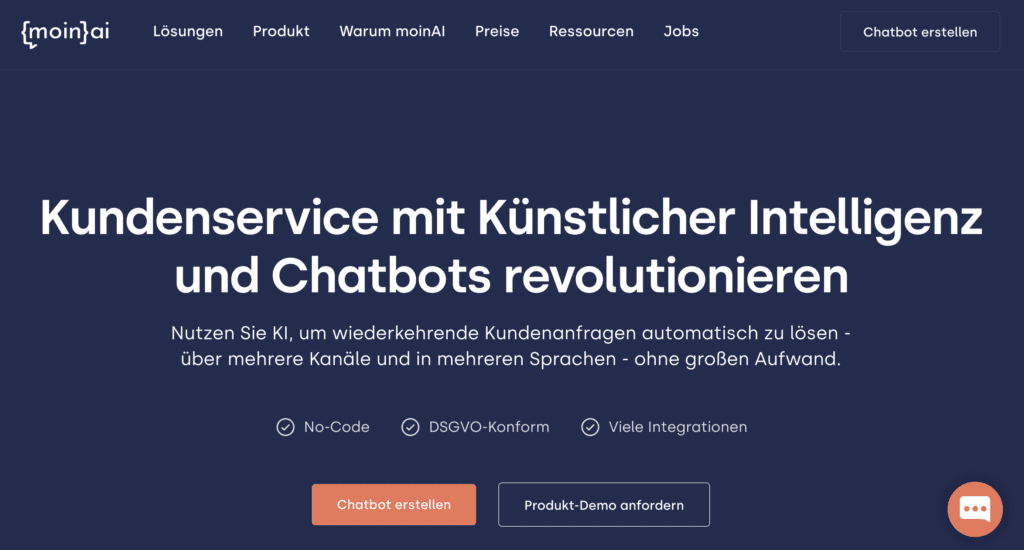 screenshot des chatbot-anbieters moinai