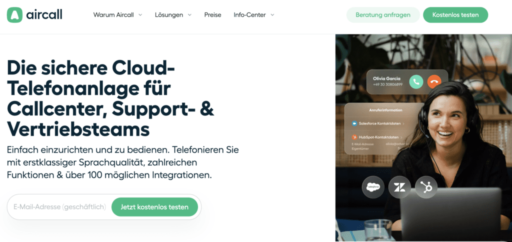 screenshot des voip-anbieters aircall