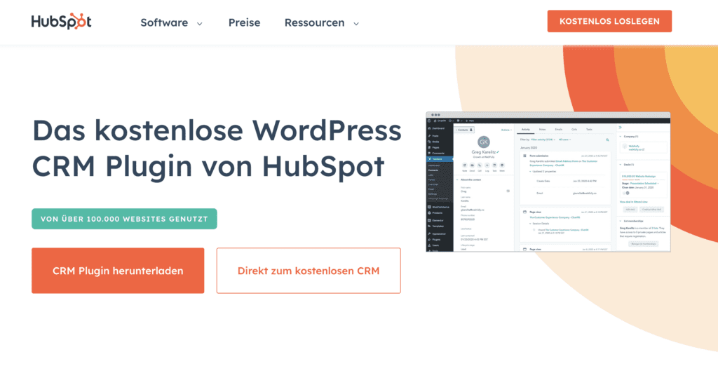 screenshot des wordpress crm plugins hubspot