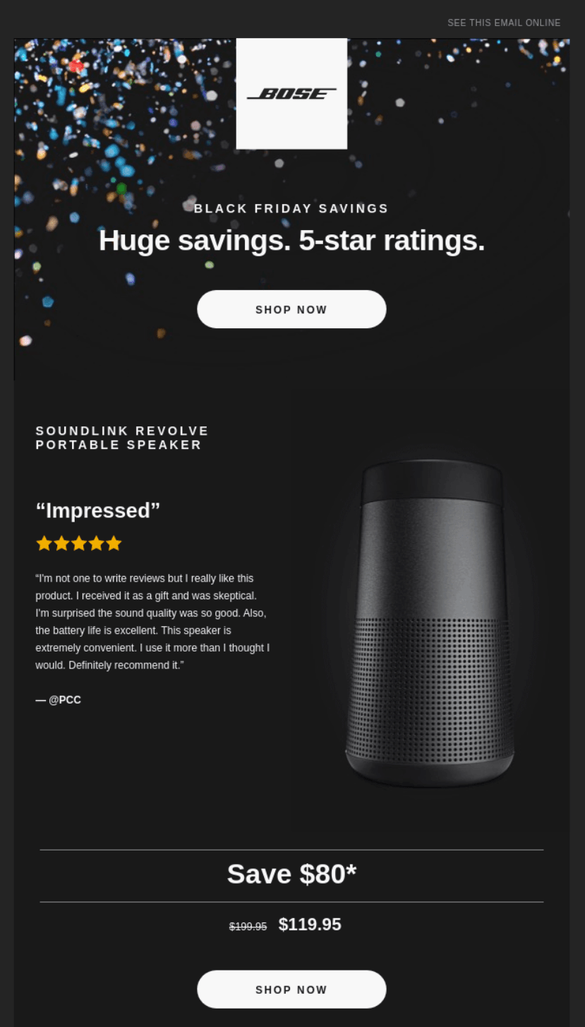 Newsletter campaign by Bose which includes user generated content in the form of a quotation from a satisfied customer.