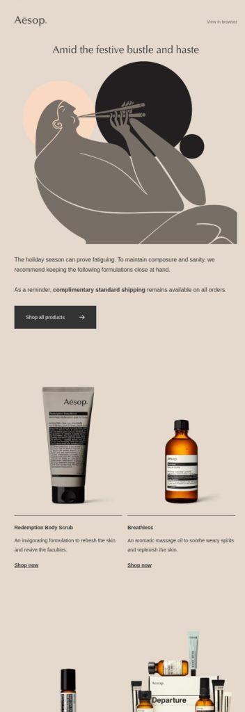 مثال على البريد الإلكتروني الخاص بـ Black Friday بواسطة Aesop مع معلومات المنتج