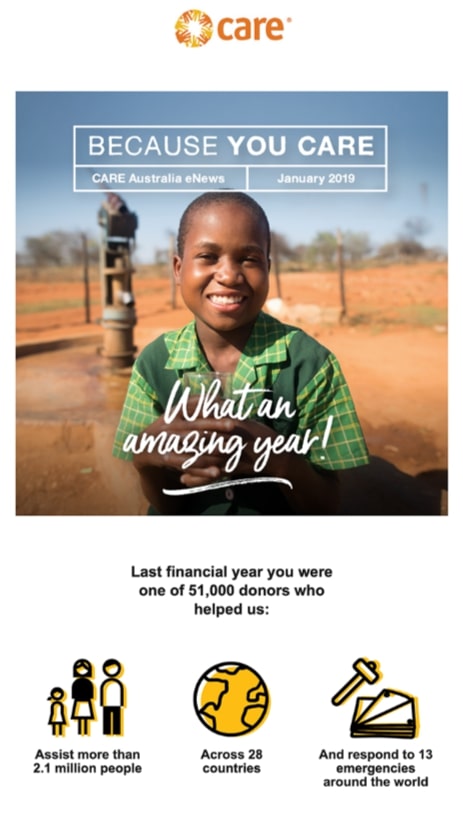 Example of an email to supporters by the charity CARE that uses statistics to show impact