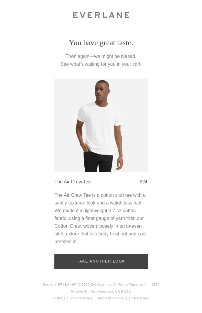 Marketing automation example of an abandoned cart email by clothing retailer Everlane