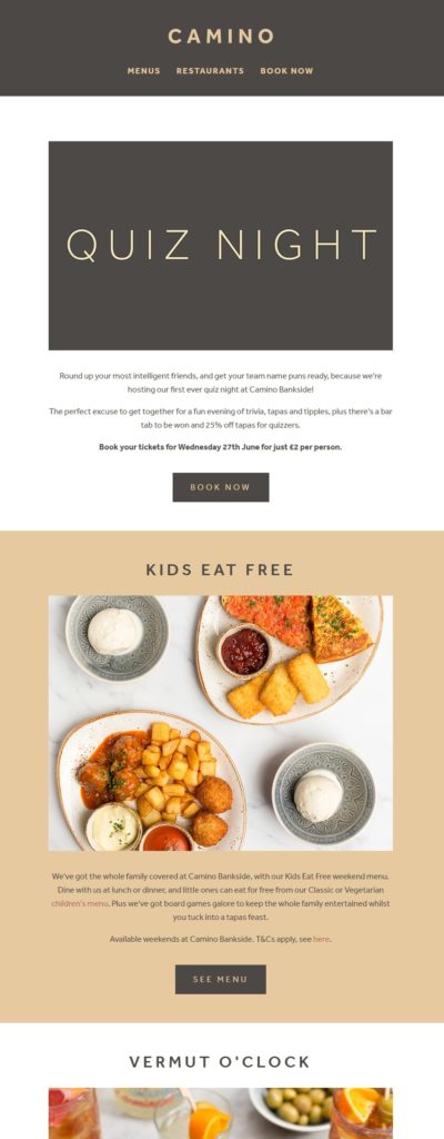 Example email marketing newsletter from the restaurant Camino
