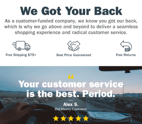 A customer review backing up claims made in Huckberry's welcome email 