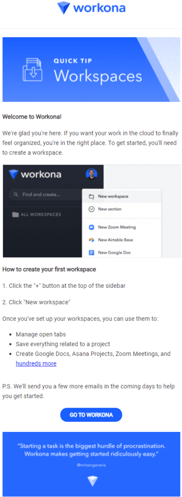 Welcome email example by Workona for onboarding new customers