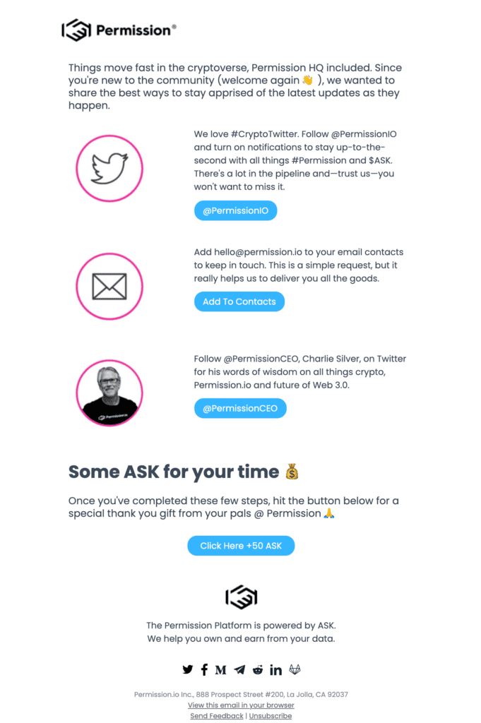 Screenshot of a welcome email from Permission.io.
