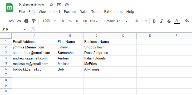 a spreadsheet with email recipients