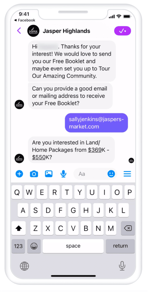 Facebook Messenger for Business example Jasper Highlands