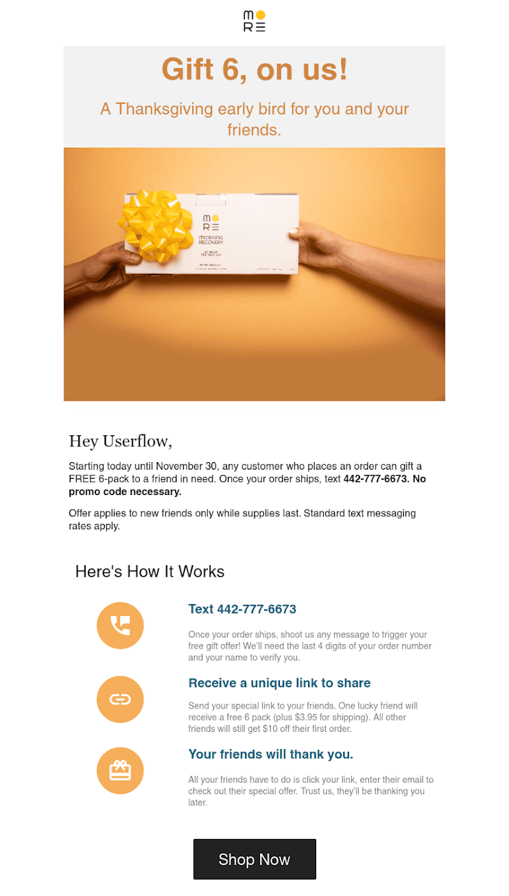 A business Thanksgiving message offering a free gift to subscribers who order early.