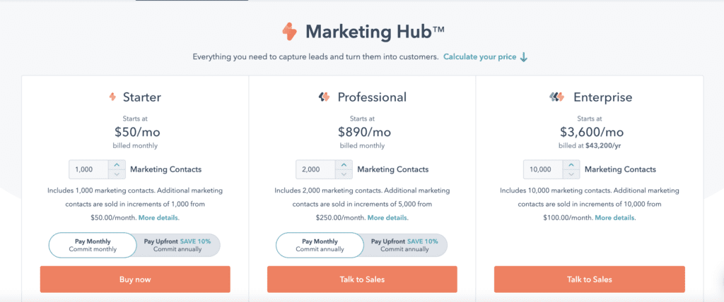 Screenshot showing HubSpot Marketing Hub pricing.