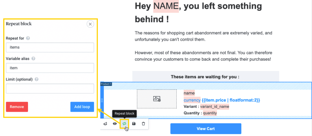 Abandoned cart email customization