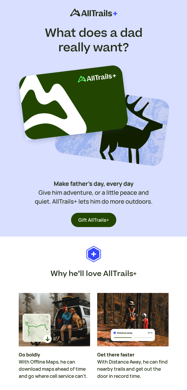 AllTrails email campaign for Father's Day experiences