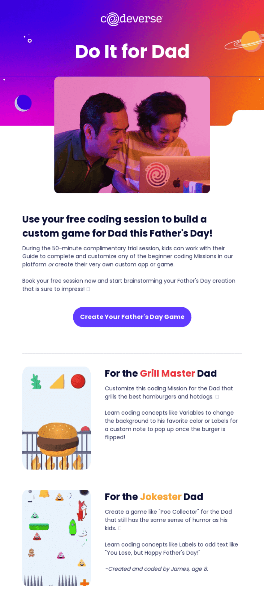Codeverse email campaign example of personalized Father's Day gift