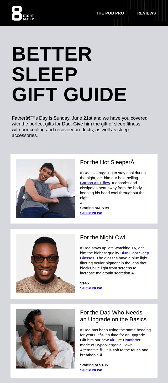 Eight Sleep email campaign for Father's Day gift guide