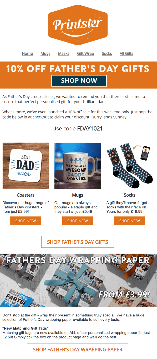 Printster email example of Father's Day gift additions such as wrapping paper