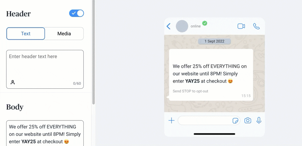 A gif of setting up an automatic reply on WhatsApp for a sale campaign.