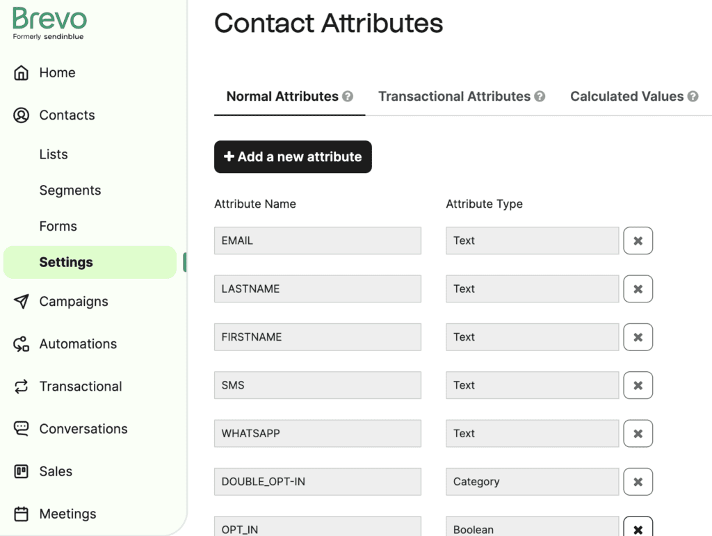 contact attributes in Brevo CRM
