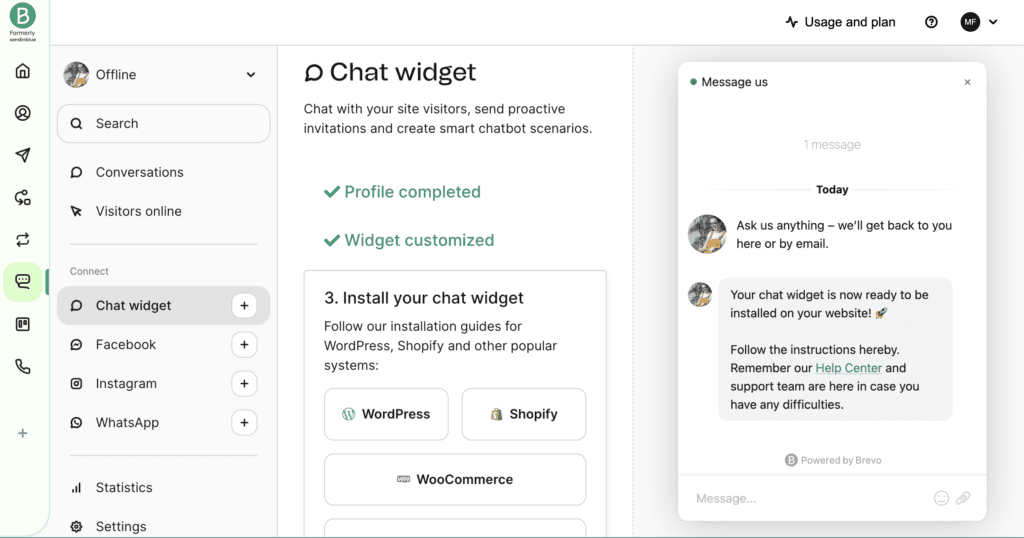 Chat widget for businesses setup page by Brevo. 