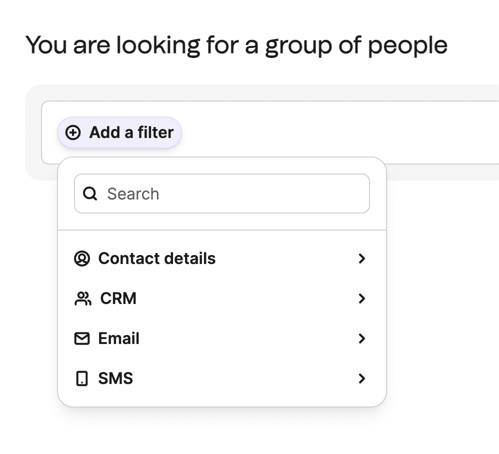 Customer segmentation filter window for Brevo. The filter options are "Contact details", "CRM", "Email" and "SMS".