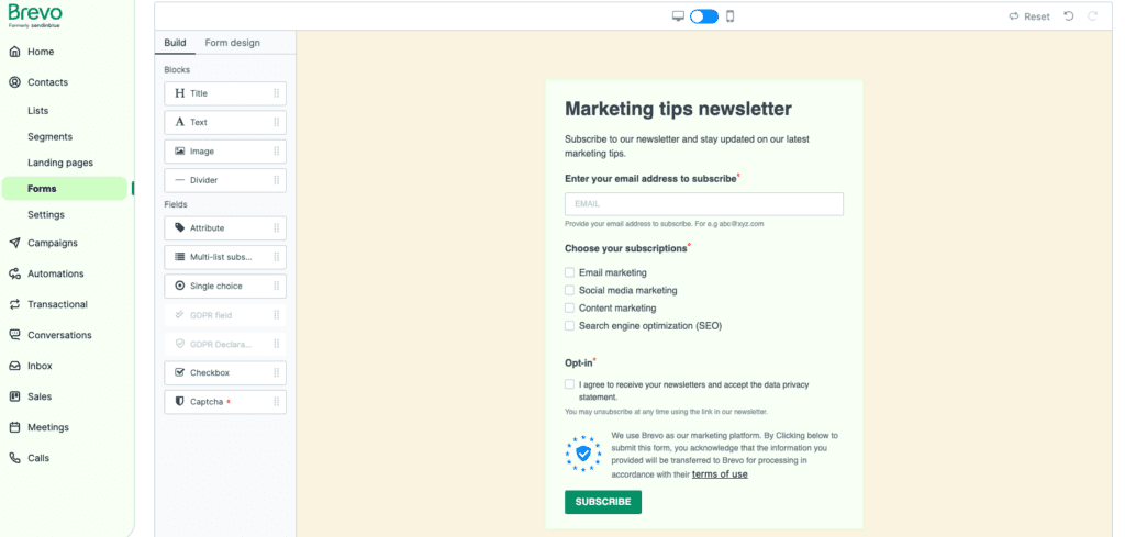 Create an email signup form in Brevo