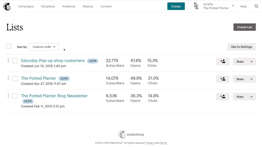 لقطة شاشة لصفحة إدارة قائمة تسويق البريد الإلكتروني في Mailchimp.