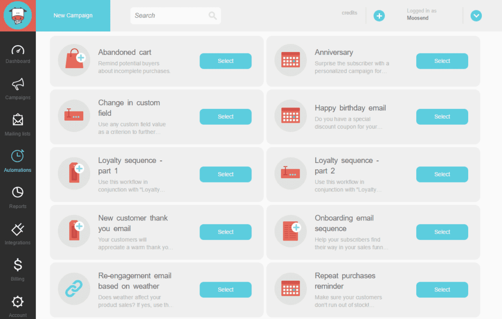 لقطة شاشة للوحة معلومات أتمتة التسويق عبر البريد الإلكتروني على Moosend ، وهي خدمة تسويق عبر البريد الإلكتروني رخيصة.