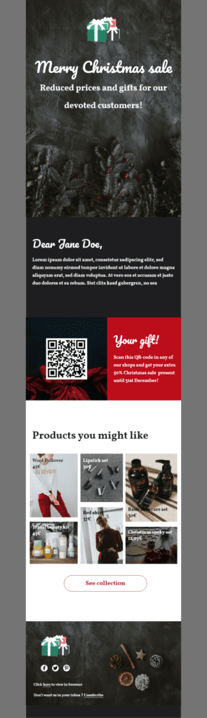 A winter holiday email template by Brevo with black and white images of pine trees and forests. It says "Merry Christmas sale" on it.