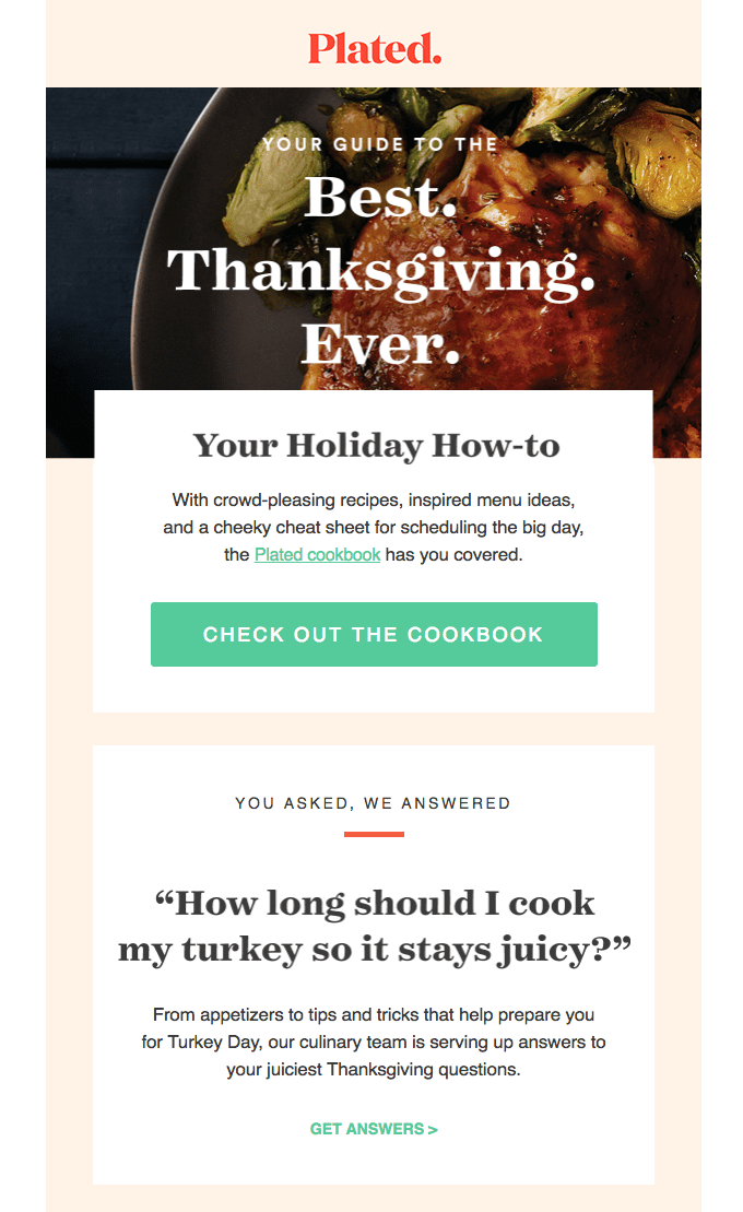Thanksgiving email marketing idea by Plated. This shows a Thanksgiving dinner and has a CTA button that says "check out the cookbook".